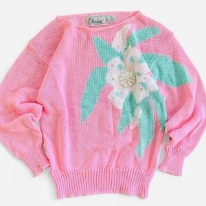 Vintage Andene Retro 80s Pink & White with Green Leaves Floral Flower Sweater
